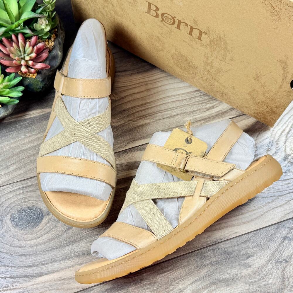 NIB Born Manta 10M Tan Mix Media Leather Slingback Flat Strappy Comfort Sandals